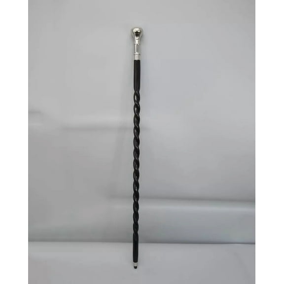 Elegant Twisted Walking Cane – Black Wooden Stick with Silver Designer Metal Handle