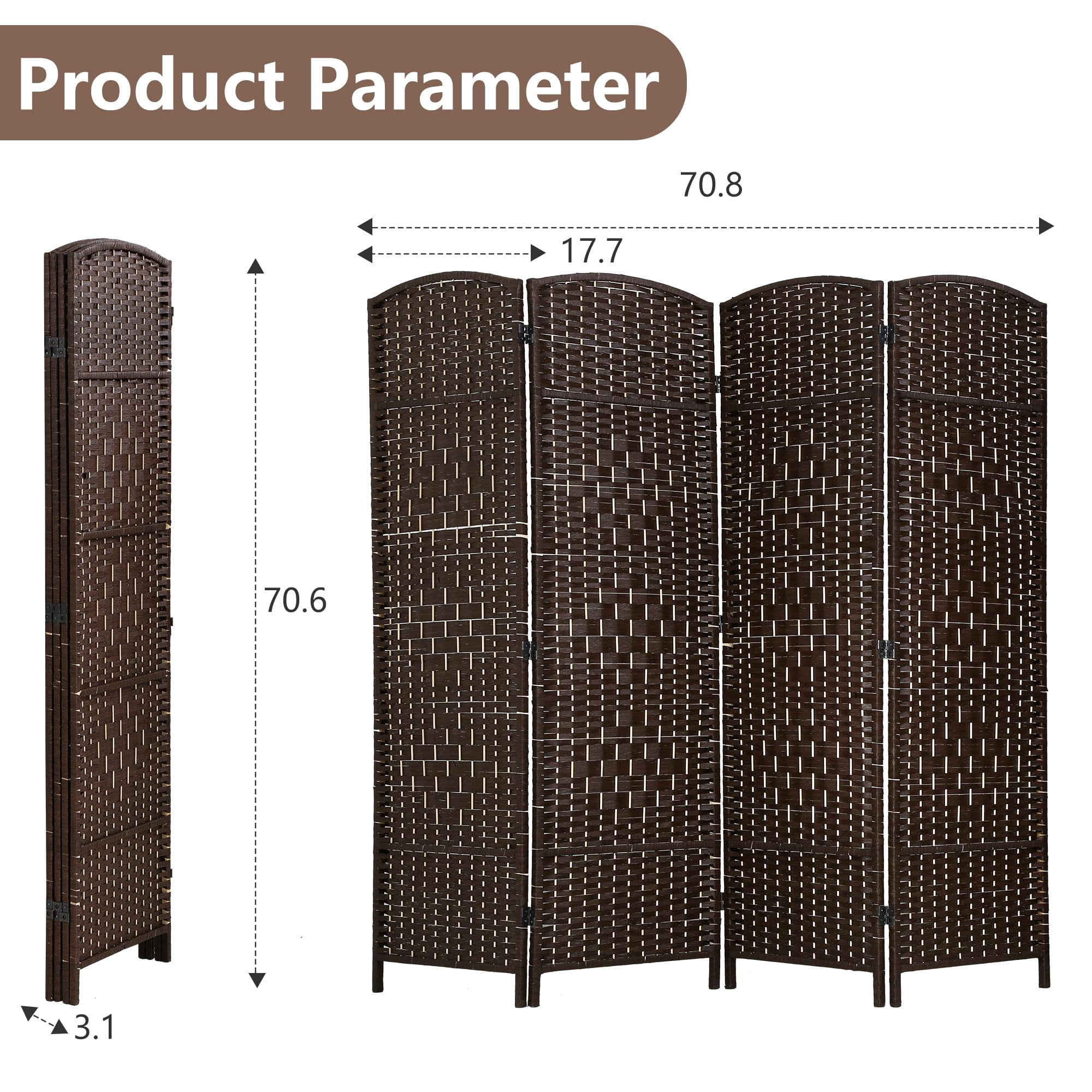YRLLENSDAN 6ft Tall Room Divider Screen with 4 Panels, Wood Room Dividers and Folding Privacy Screens, Wall Divider for Livingroom, Brown