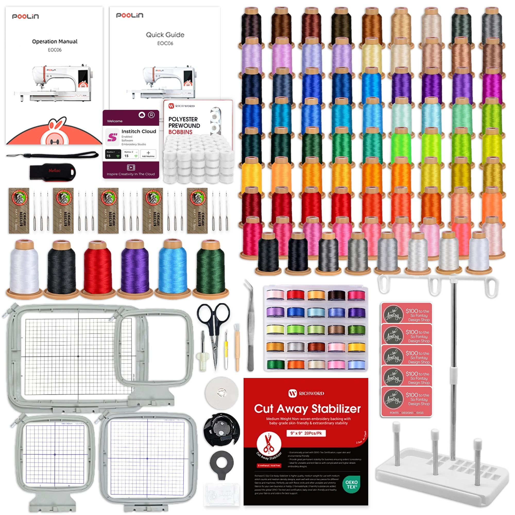 POOLIN EOC06 7.9in x 11in Embroidery Machine & Embroidery Thread Bundle - Red