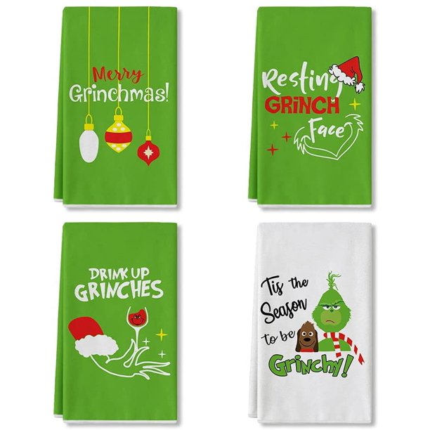 JOOCAR Christmas Kitchen Towel, Green Grinch Puppy Christmas Gnome