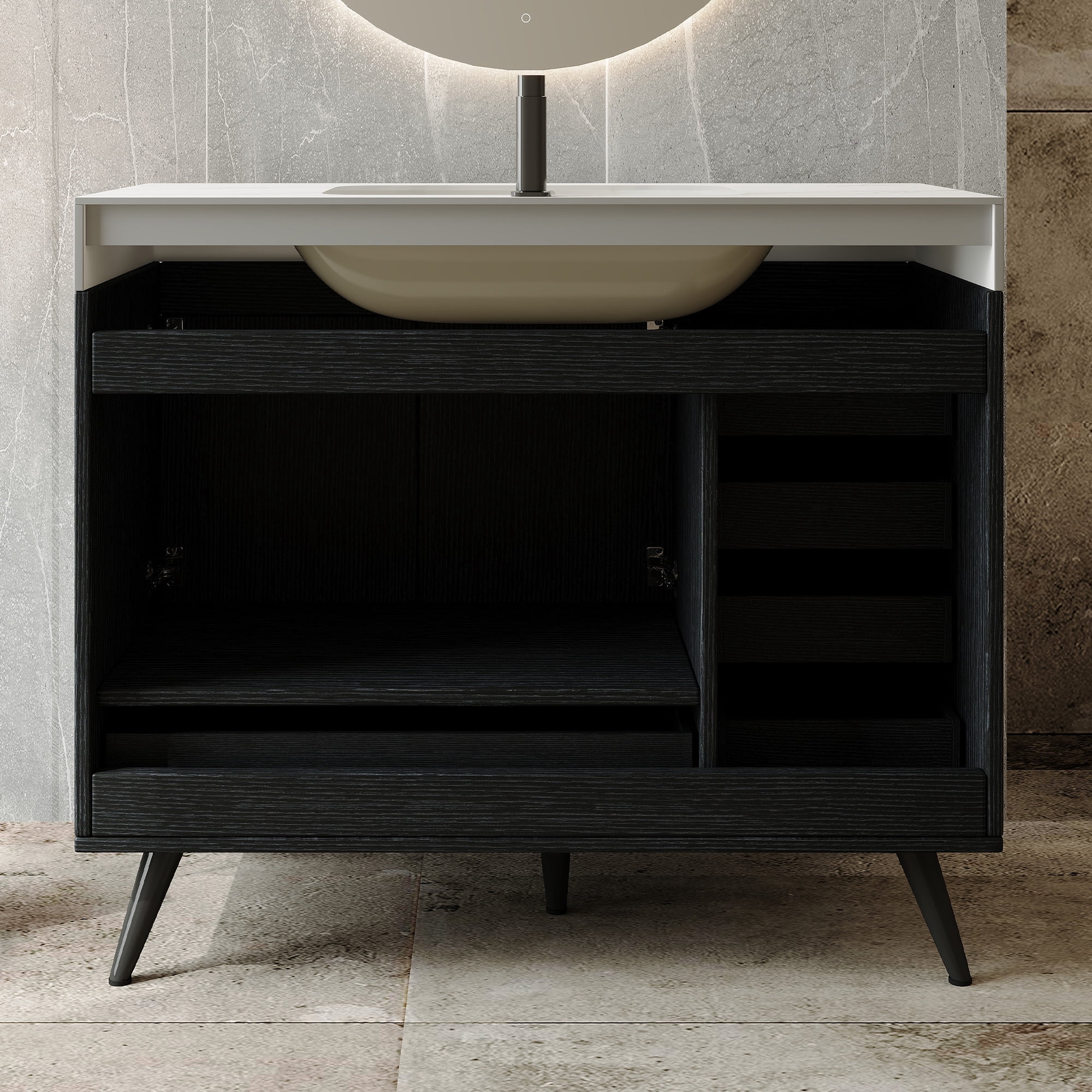 FFZ 36 inch Freestanding Bathroom Vanity Faux Marble Top Ceramic Sink 5 Drawers Stainless Steel Legs