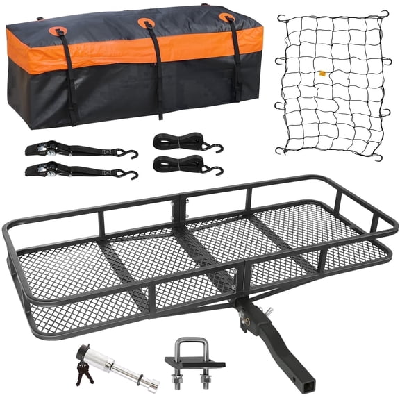 1AUTODEPOT Hitch Cargo Carrier Basket Heavy Duty Folding Car SUV Rear Rack 500 lbs Capacity Steel 60"x20"x6" with Waterproof Bag Net Tie Down Straps