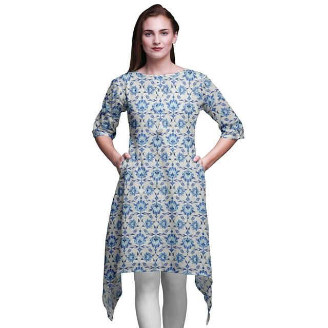 Bimba Kurti Asymétrique à Imprimé Floral Damassé Blanc pour Femmes, Robe Tunique d'Été Indienne, Très Grand