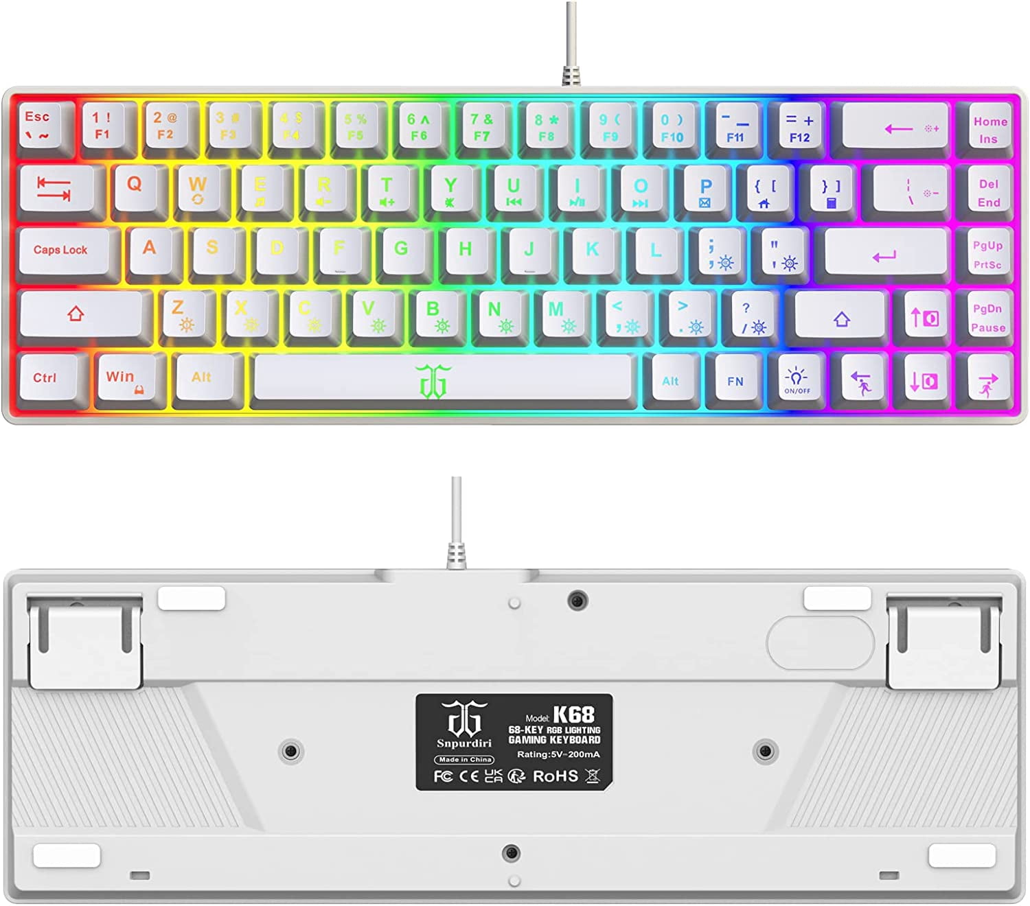 60% Percent Gaming Keyboard, Compact RGB Backlit Ergonomic Small Mini Keyboard for Windows, PC, Laptop, (68 Keys, White)