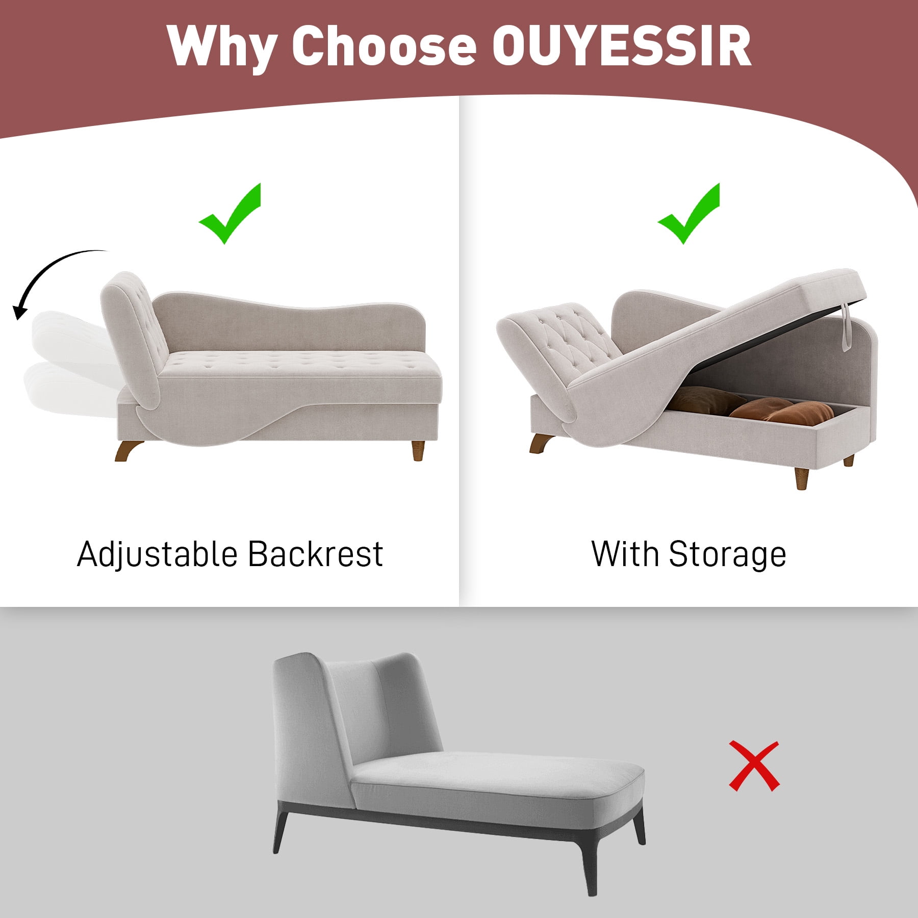 Wiilayok Chaise Lounge Chair Indoor Furniture with Storage Pillow,Adjustable Recling Sleeper Sofa Lounge Chair,Velvet Futon Sofa Couch Bed for Living Room Bedroom,Gray