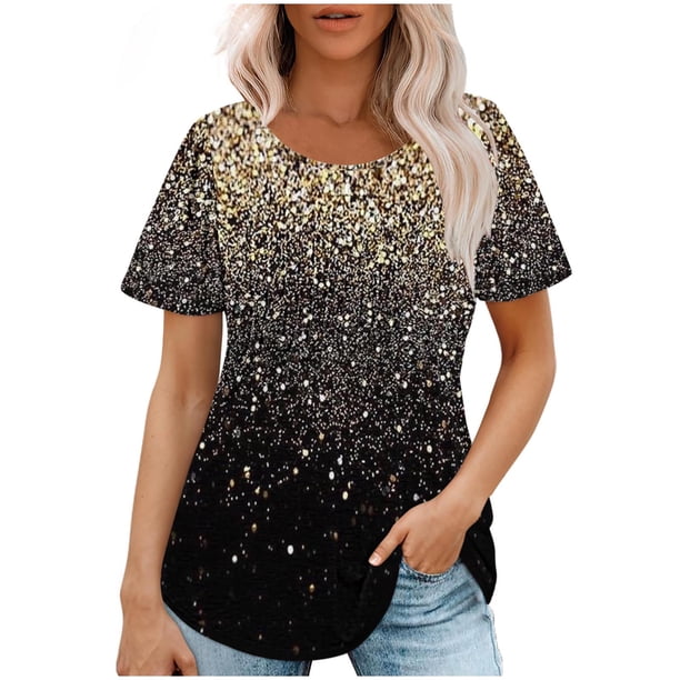 Tops Cortos para las Mujeres Cuello Redondo Suelto Impreso de Manga Corta, Tops Sueltos para las Mujeres