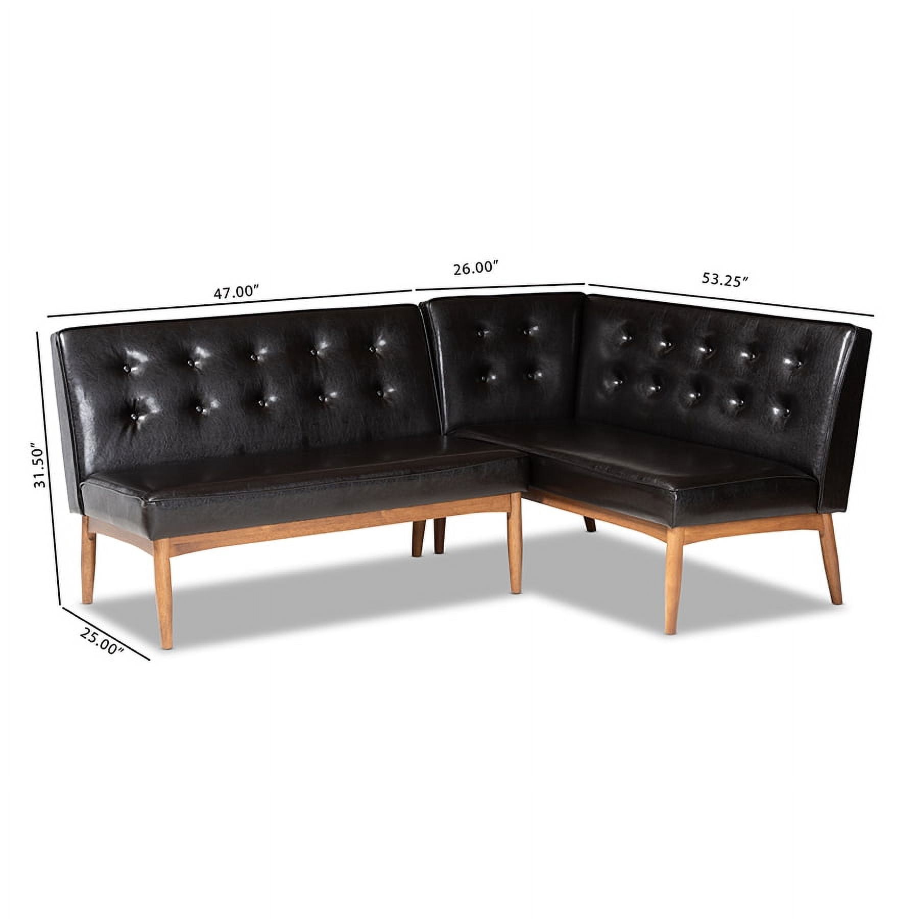 Baxton Studio Arvid Mid-Century Modern Dark Brown Faux Leather Upholstered 2-Piece Wood Dining Corner Sofa Bench