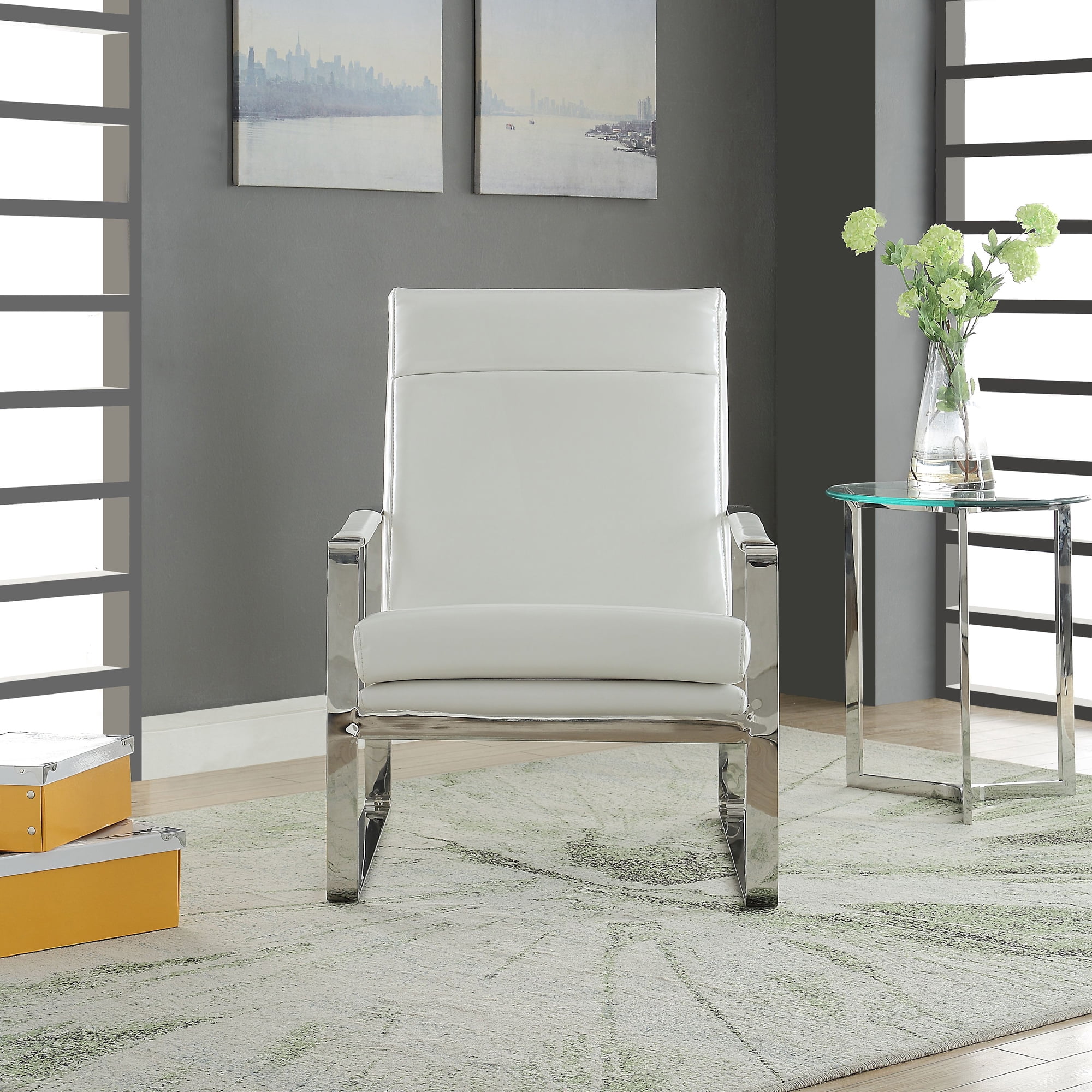 ACME Rafael Upholstery Accent Chair in White and Stainless Steel