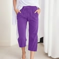 thumbnail image 2 of felwors Generic Capri Pants for Women Casual 2024 Summer Drawstring Elastic High Waist Linen Pants Wide Leg Plus Size Lounge Capris Purple, XXL, 2 of 5