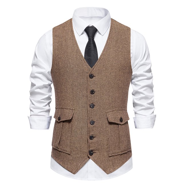 Chaleco de traje vintage para hombre con bolsillos tridimensionales y botonadura sencilla