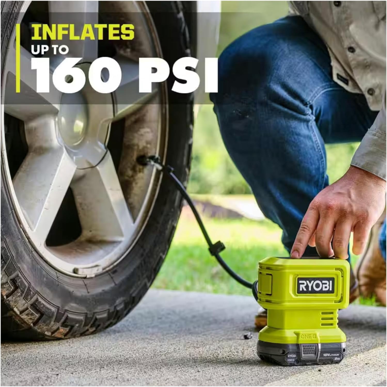 Buho Cordless Inflator Accessory Bundle - Ryobi 18 Volt High Pressure Inflator 2.0 Ah Battery 18V Charger Tool Bag for Tires and Inflatables