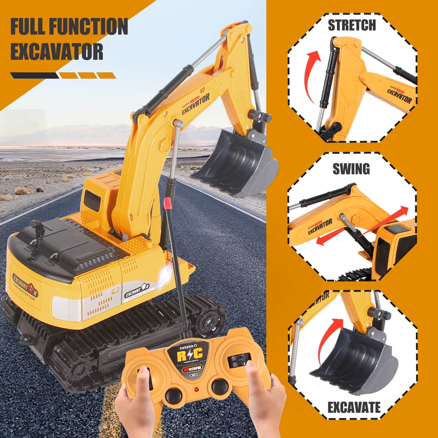 Jiakora Remote Control Excavator Toys for Boys, RC Excavator Toy for Boys 3 4 5 6 7 8 Year Old Kids Christmas Birthday Gift,RC Digger Truck Construction Vehicles with Metal Shovel & Light