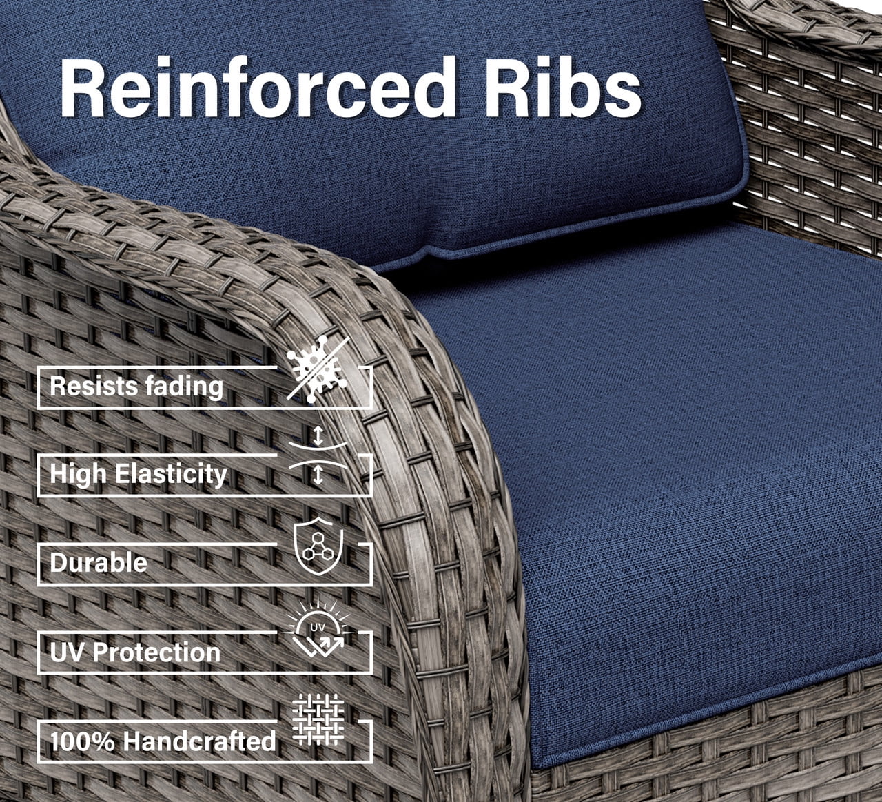 Meetleisure 6 Piece Wicker Patio Furniture Set, Rattan Chairs with High Back, Deep Seating, Wide Armrest, Thick Cushions for Deck Porch, Dark Blue