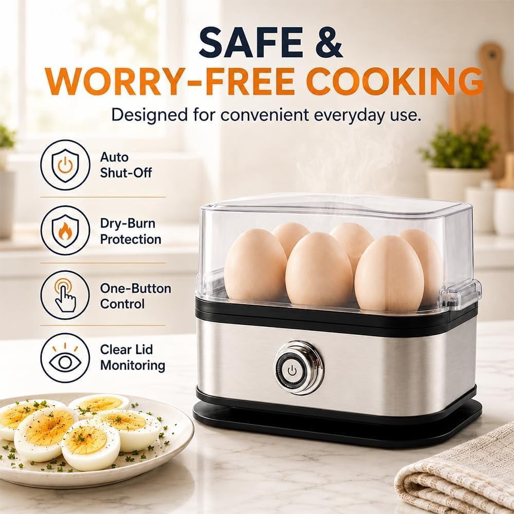 Multifunctional Egg Steamer with Clear Lid, Electric Egg Cooker for 6 Eggs with Auto Shutoff, 304 Stainless Steel Rapid Cooker with Dry-Burn Protection for Soft, Medium or Hard-Boiled Eggs (1PC)