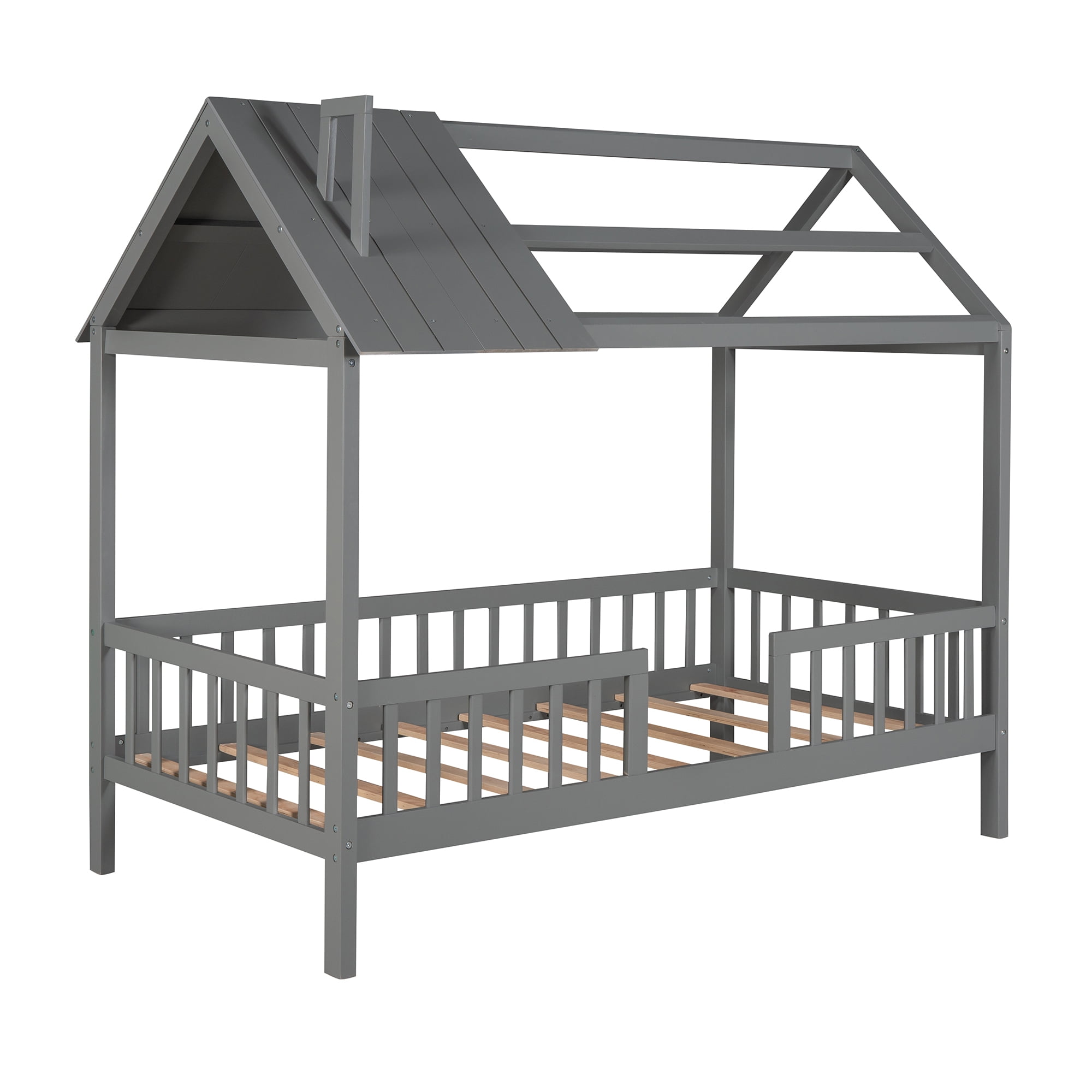 Aukfa Twin House Bed with Fence and Roof, Wood Montessori Bed for Kids, Teens - Gray