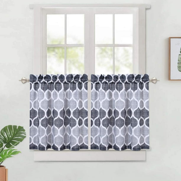 Mulanimo Tier Curtains For Kitchen Window Geometric Pattern Short Bathroom Curtain Trellis Design Half Cafe 28 X 30 Gray Silver Set Of 2 Com Half Window Kitchen Cafe Curtains, Half Window Curtains For Kitchen