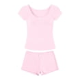 thumbnail image 5 of Women's Lace Trim Square Neck Knit Short Sleeve Top Shorts Set,Bow Detail Two-Piece Loungewear Pajama Set,Soft Lightweight Casual Sleepwear for Women Pink L, 5 of 5