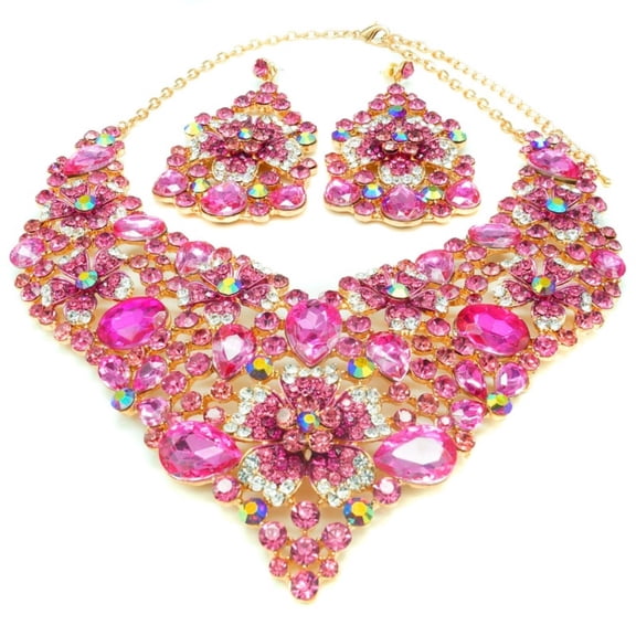 2 Pcs Women's Jewelry Sets Pink Crystal Jewelry for Women Necklace and Earrings Sparkling Engagement Wedding Jewelry Sets for Brides Bridesmaid