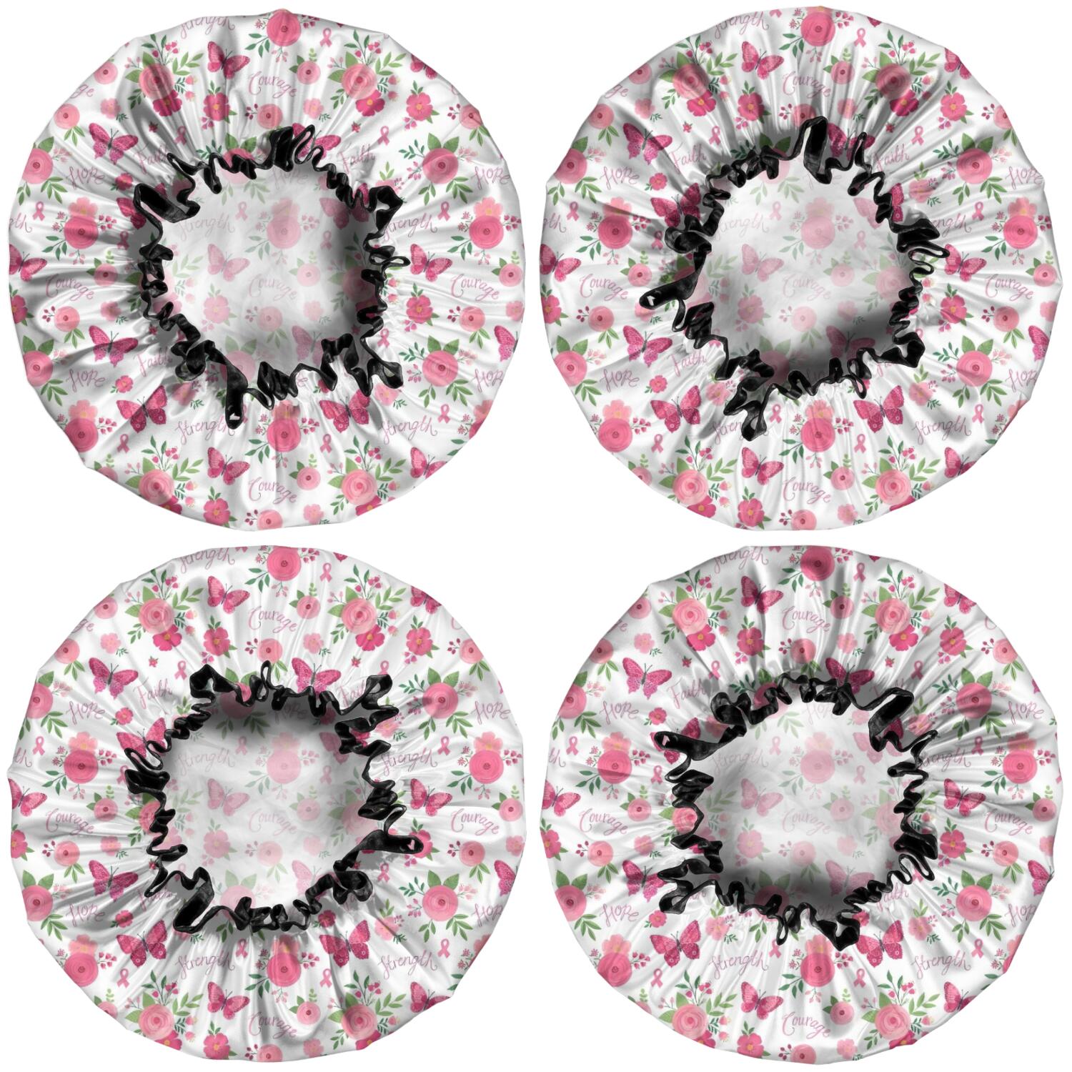 Shower Caps,White Pink Butterfly Flower Pattern Waterproof Shower Cap for Women 4 Pieces,Double Reusable Hair Cover for Shower PEVA Elastic Stretch Hem