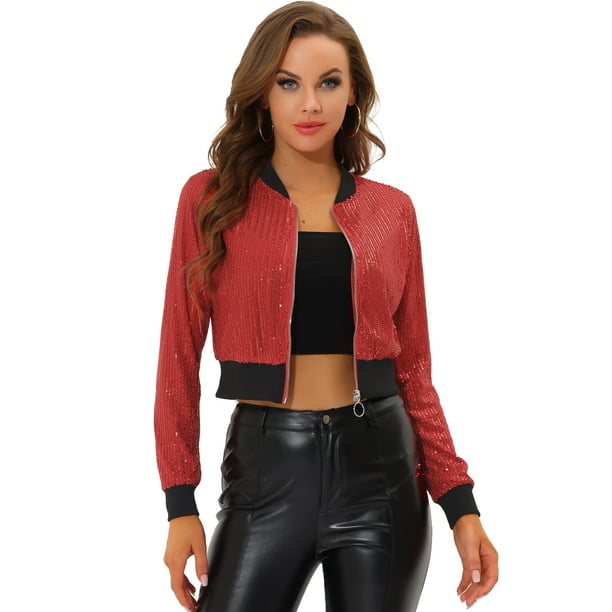 Chaqueta De Lentejuelas Tipo Aviador Con Cremallera En La Parte Delantera Con Purpurina Brillante Para Mujer rojos L