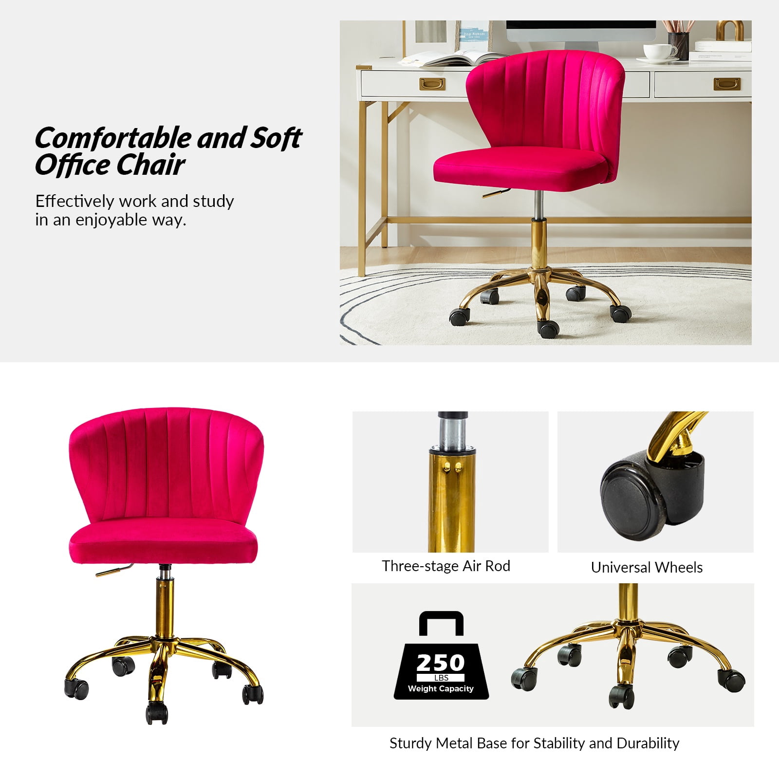 Tina's Home Fushia Velvet Swivel Office Chair with Gold Legs, Adjustable Height Rolling Desk Chair for Vanity