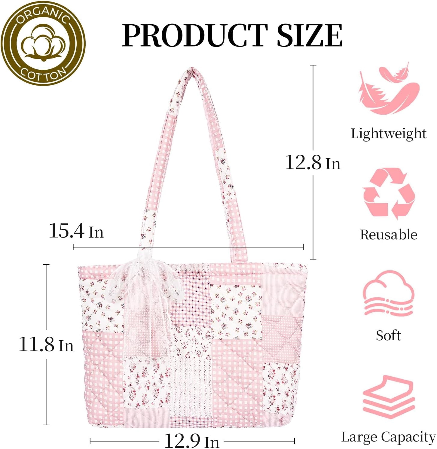 Quilted Small Tote Bag for Women, Lightweight Floral  Bag,Soft College Travel Work Bag Everyday Purse