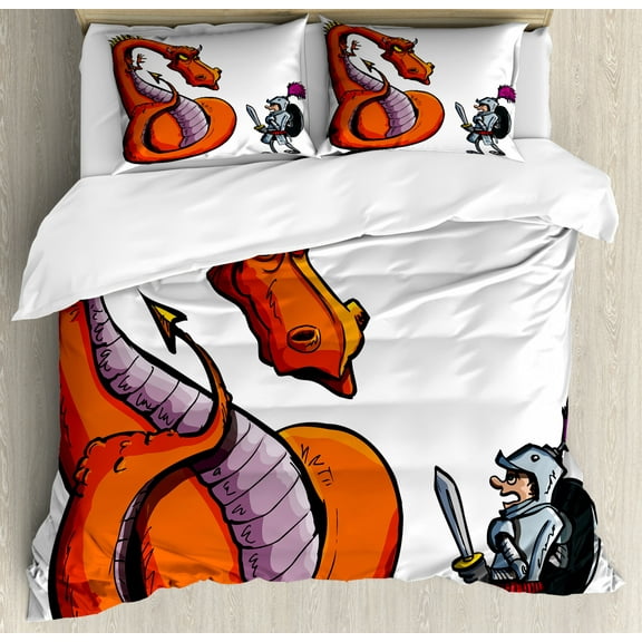 Dragon Duvet Cover Set Queen Size, Cartoon of A Knight Facing A Fierce Fire Spitting Character Medieval Humor Sketch, Decorative 3 Piece Bedding Set with 2 Pillow Shams, Multicolor, by Ambesonne