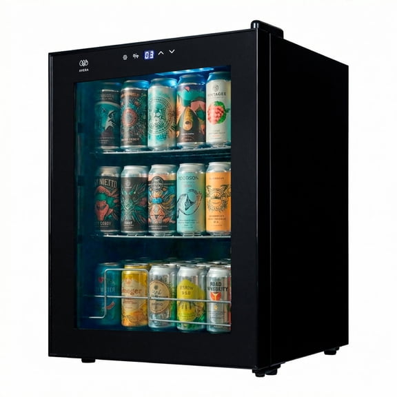 Enfriador de bebidas para 50 latas, Ajuste de temperatura 3°C a 18 °C, Puerta de cristal reversible, Estantes removibles, Luz interior, Panel táctil, Frigobar 63 Litros de capacidad AVERA EBC50