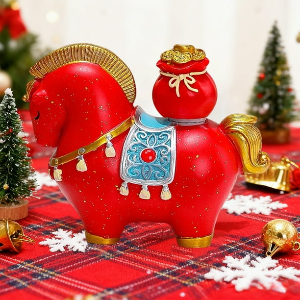Adorno navideño de caballo de resina | Figura decorativa navideña roja y blanca | Mueble de TV moderno para sala de estar | Idea de regalo festivo | Elegante decoración invernal para el hogar