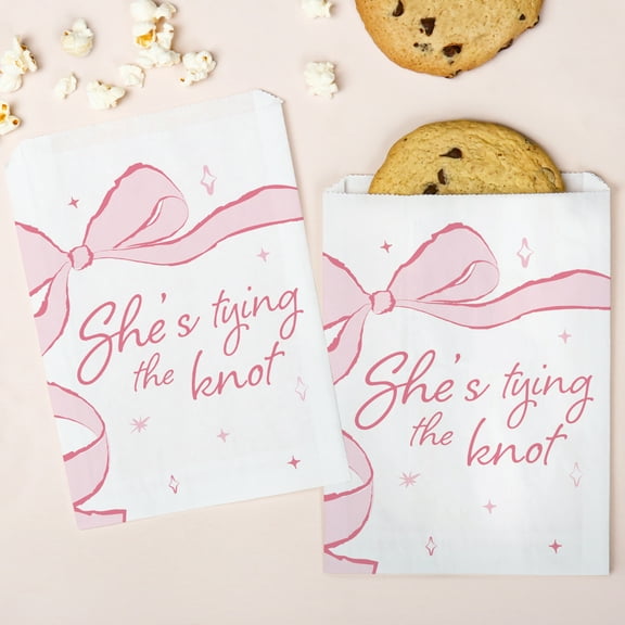 Big Dot of Happiness Tying the Knot Paper Treat Bags, Pink Bow Bachelorette Party Candy Bags, Greaseproof White Paper Sandwich Cookie Bags - 25 Count
