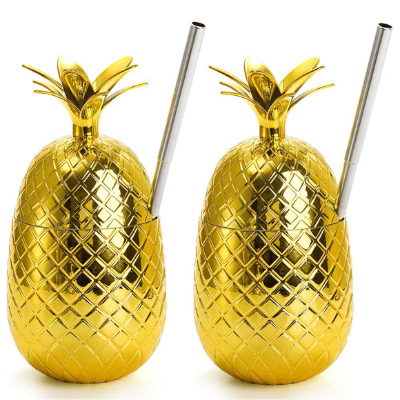 2 Pack Pineapples Drink Cups, 450Ml Gold Pineapples with Stretched Straw, Hawaiian Luau Party Cups
