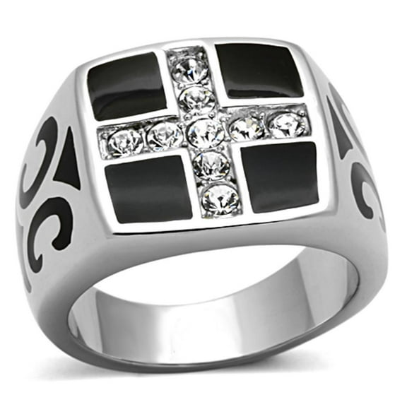Mens Rings Cross Squared Black Onyx Stainless Steel Ring with Top Grade Crystal in Clear