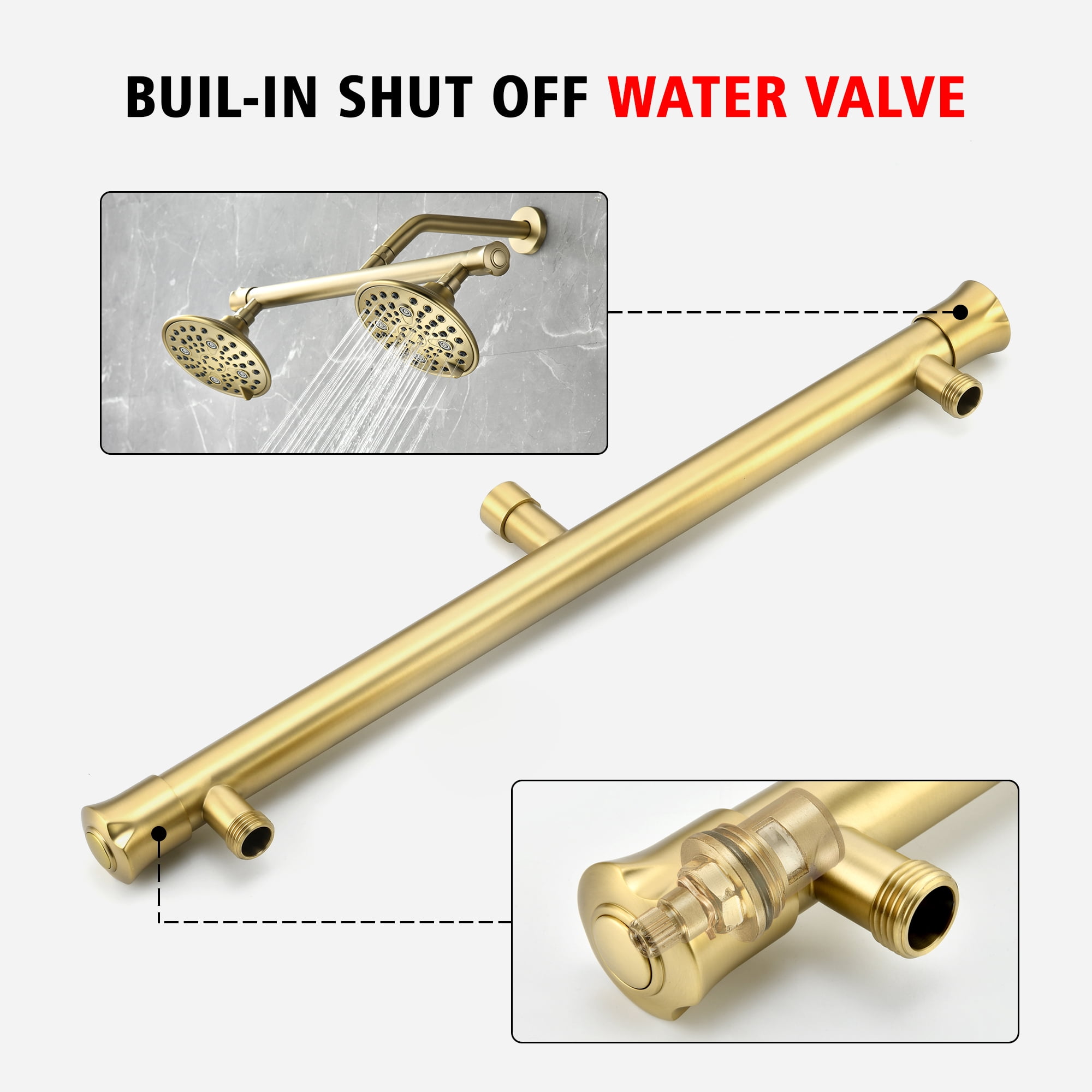 sumerain Brushed Gold Dual Showerheads for Couples with 6 Modes & Shut-off Valve, 2-in-1 Double Showerhead System for Two People