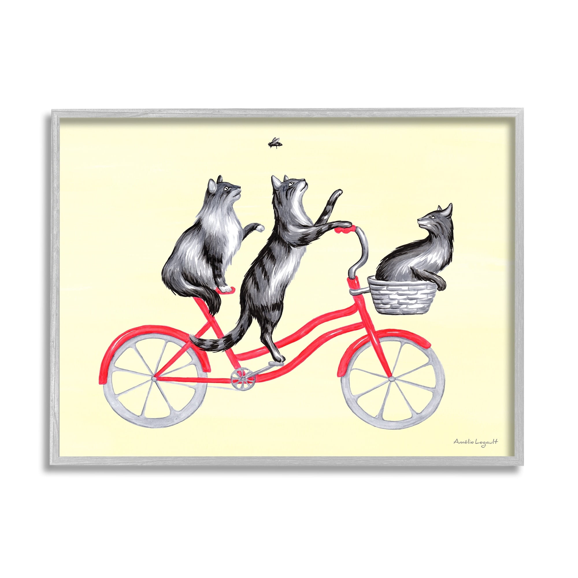 Stupell Industries Playful Cats Riding Red Bicycle Buzzing Bee Graphic Art Gray Framed Art Print Wall Art, Design by Amelie Legault