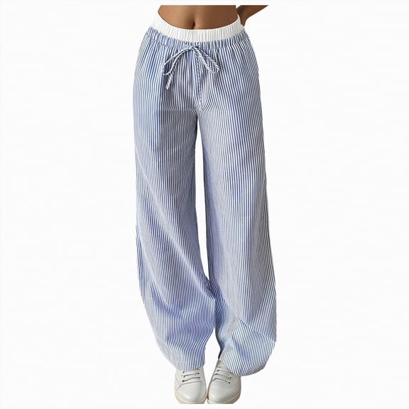 Duqingm Striped Pants Women Wide Leg Women's Striped Pants Spring Summer 2026 Comfy Pajama Pants High Waist Wide Leg Lounge Pants Lightweight PJ Bottoms Blue,M