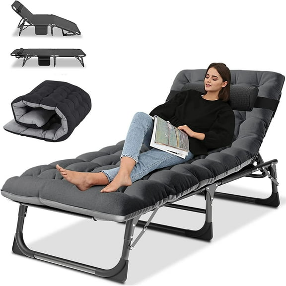 ABORON Folding Patio Chaise Lounge Chair - 5 Position Adjustable -28" Wide Foldable Camping Cot Bed with Cushion, Portable Beach Lounge Chair for Pool Lawn Deck Poolside Outdoor Sunbathing