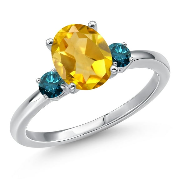 Gem Stone King 14K White Gold Yellow Citrine and Blue Diamond Engagement Ring for Women | 1.70 Cttw | Oval 9X7MM | Gemstone November Birthstone | Size 5