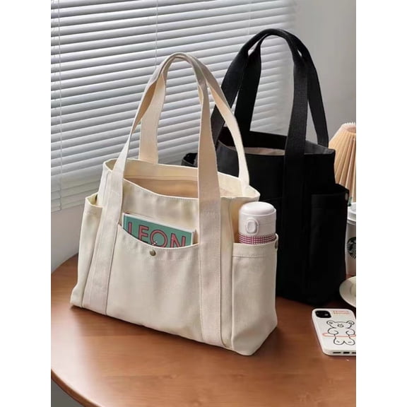1Pcs Multi-Pocket Canvas Tote Bag – Large Capacity, Reusable, for Daily Use, Travel, Beach Bag, Office Tote Beige