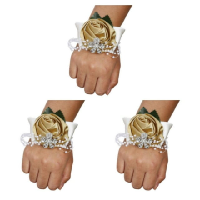 Cateissary Ramillete de muñeca de rosa satinada hecho a mano elegante de tela para bodas y graduaciones elástica única N22 oro claro Type1 NO1