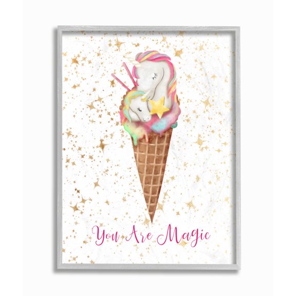 Stupell Industries You Are Magic Unicorn Ice Cream Cone Gold Pink Design Graphic Art Gray Framed Art Print Wall Art, 16x20, by Ziwei Li