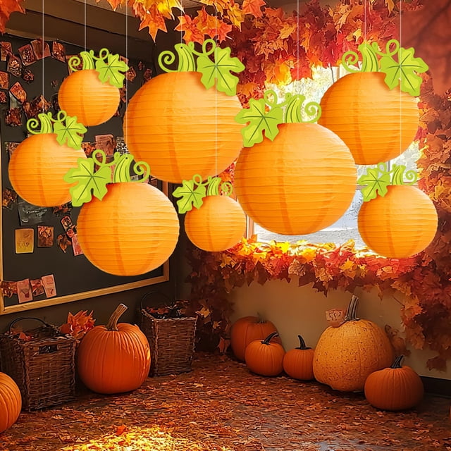 Lanterne Citrouille d'Halloween Suspendue Orange Lanterne Ronde en Papier pour Récolte Automne Décoration Intérieure Extérieure