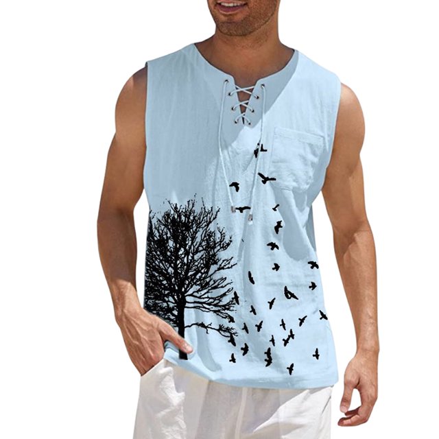 Men's Casual Loose Cotton Linen Shirts Printed Blouse Sleeveless Vest Shirts Tops 3XL