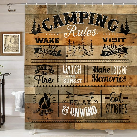 Rustic Farmhouse Camper RV Shower Curtain, Farmhouse Rustic Cabin Rules Shower Curtain for Trailer, Vintage Camping Outdoor Retro Rustic Wooden Fabric Stall Shower Curtain Set with Hooks, 47X64IN
