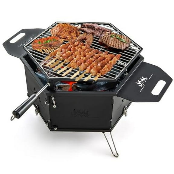 HAPPYGRILL Portable Charcoal Grill Stove, Outdoor Hibachi Grill Smoker w/ 360° Rotatable Grill, Foldable Body & Legs, Heavy-duty BBQ Grill w/Handles for Cooking & Heating