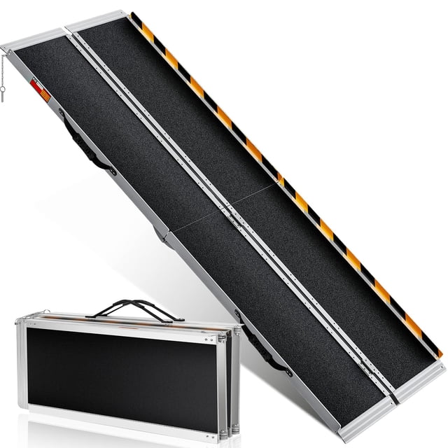 Portable 8FT Folding Aluminum Wheelchair Ramp – 600lbs Capacity, Extra Wide, Non-Slip Surface, Lightweight, Reflective Transition Plate – For Steps, Stairs, Cars – Anti-slip Black Leather | 8 feet