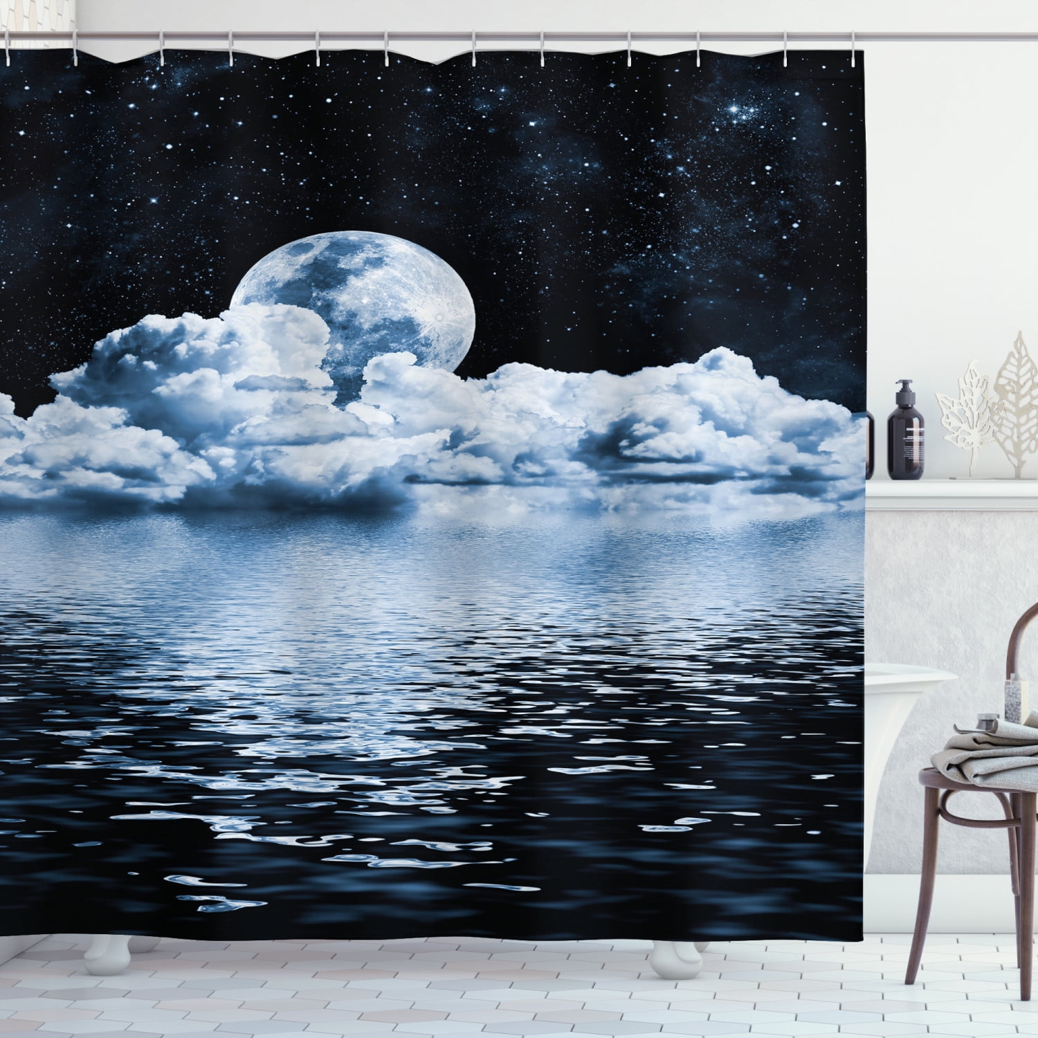 Ambesonne Moon Shower Curtain, Moon Sets over Clouds, 69"Wx84"L, Black