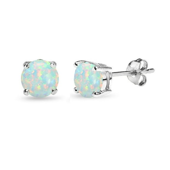 Simulated White Opal 6mm Round-Cut Solitaire Sterling Silver Stud Earrings