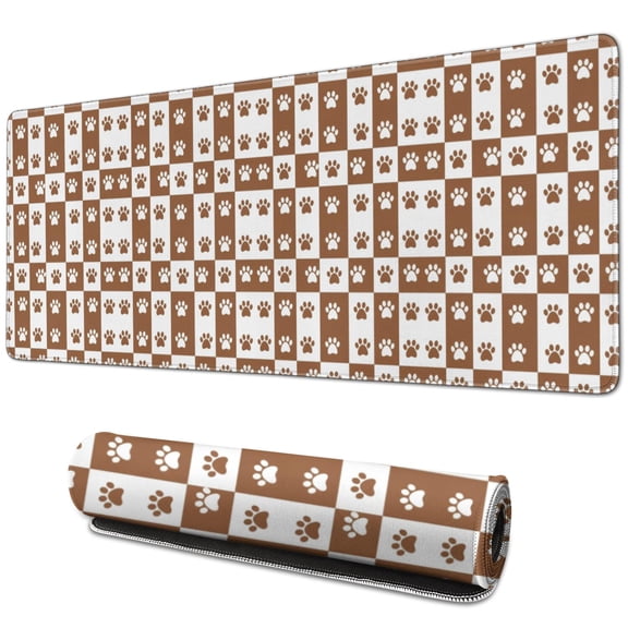 31.5x11.8 Inch Gaming Mouse Pad, Non-Slip Stitched Rubber Desk Mat for Desktop & Laptop,Dog Paw Checkerboard Brown White Pattern