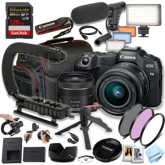 Canon EOS R8 Full-Frame Mirrorless Camera with 24-50mm Lens, 128GB SD Card and More, Black, 1 (New)