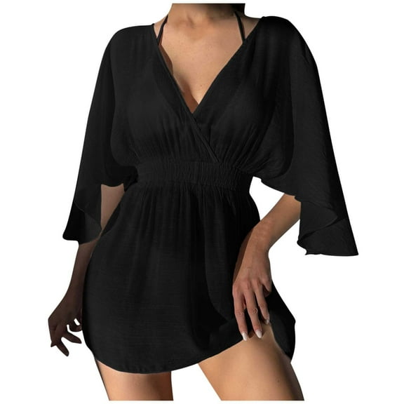 TMOYZQ Bathing Suit Cover Up for Womens Swimsuit V Neck Coverup Dress Bikini Beach Tunic Mini Dresses